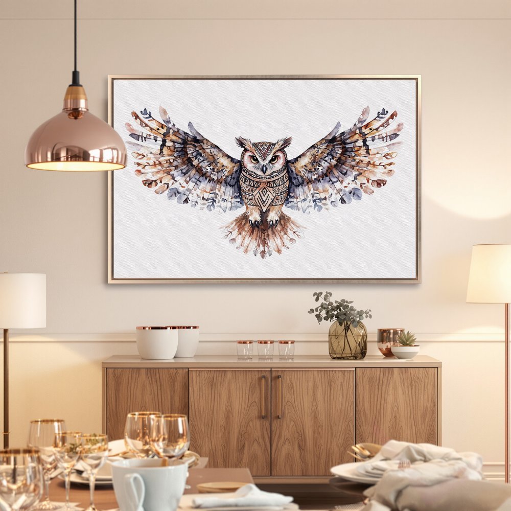 Framed Wall Art featuring a watercolor owl with earthy tones. Perfect for adding a touch of nature and style to your home decor.
