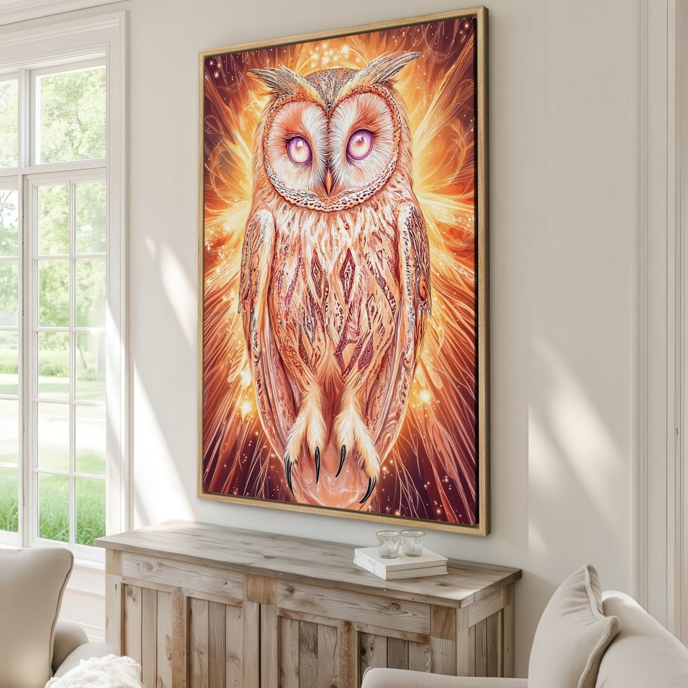 Framed Wall Art: Majestic owl canvas print in warm orange tones. Add a touch of mystical art to your home decor!