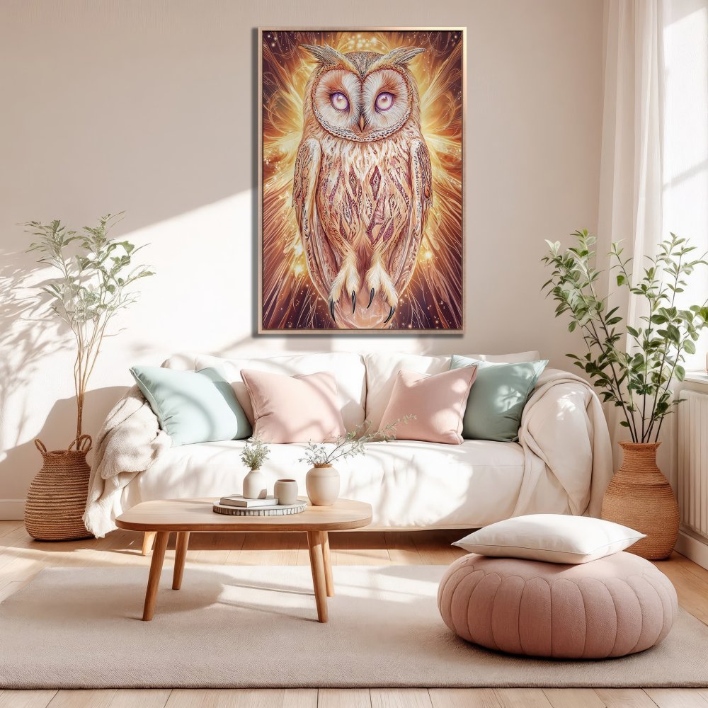 Framed Wall Art: Majestic owl portrait in warm gold and brown tones. Perfect for adding a touch of boho style to your living room. Shop now!