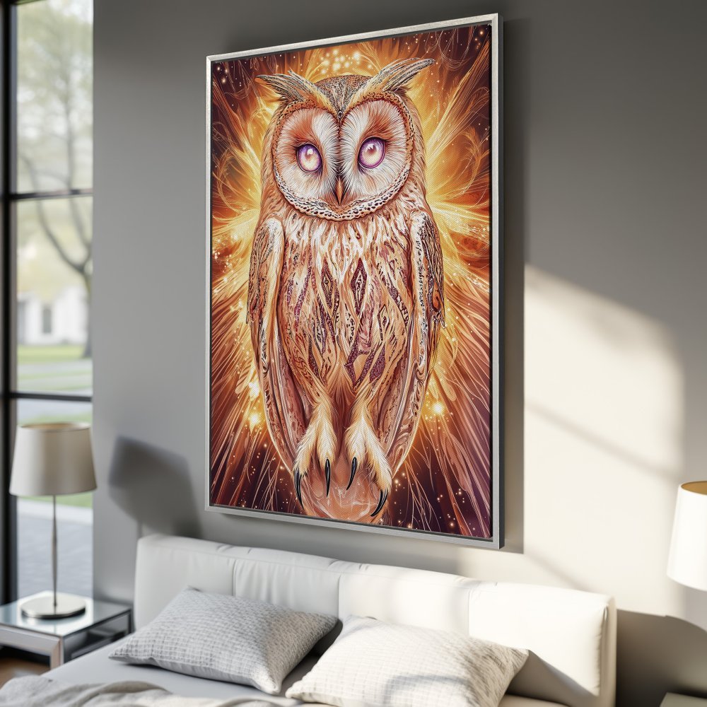 Framed Wall Art: Majestic owl canvas print with warm gold and brown tones. Perfect for adding a touch of mystical art to your bedroom decor.