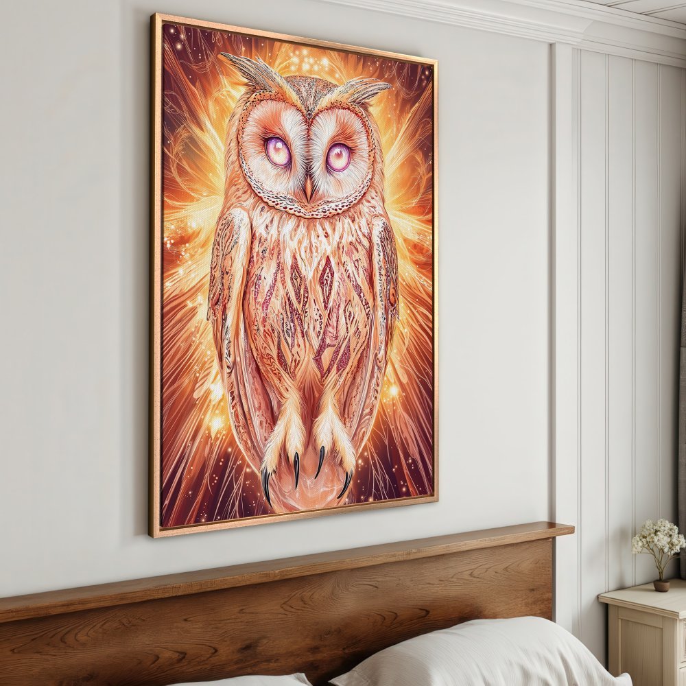 Framed Wall Art: Majestic owl illustration in warm orange and gold tones. Add a touch of fantasy to your space with this stunning canvas print!