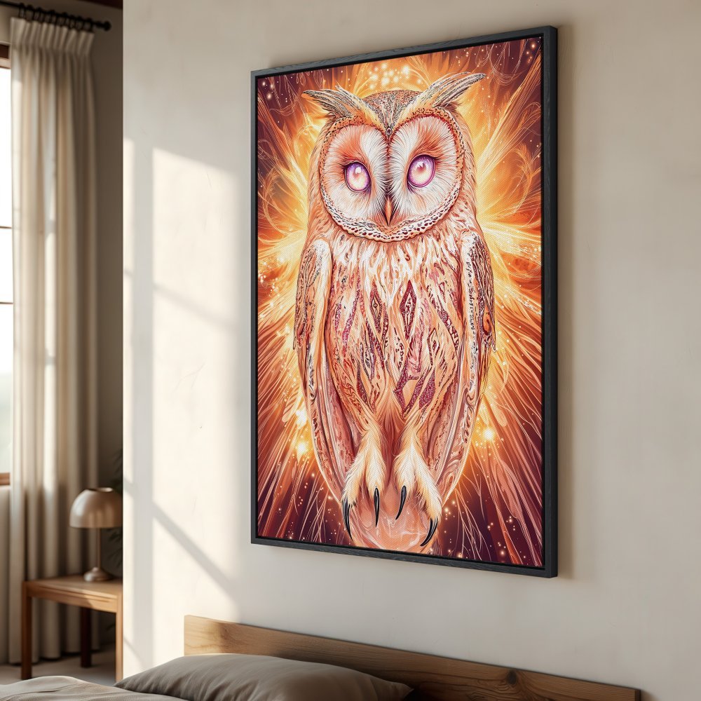 Framed Wall Art: Majestic owl canvas print in warm orange and gold tones. Add a touch of mystical art to your home decor.