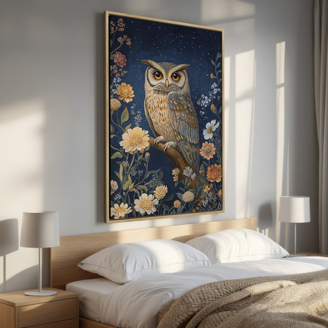 Framed Wall Art: Majestic owl painting with floral accents in a bedroom. Rich blue backdrop with warm orange and yellow tones. Perfect for adding a touch of nature.