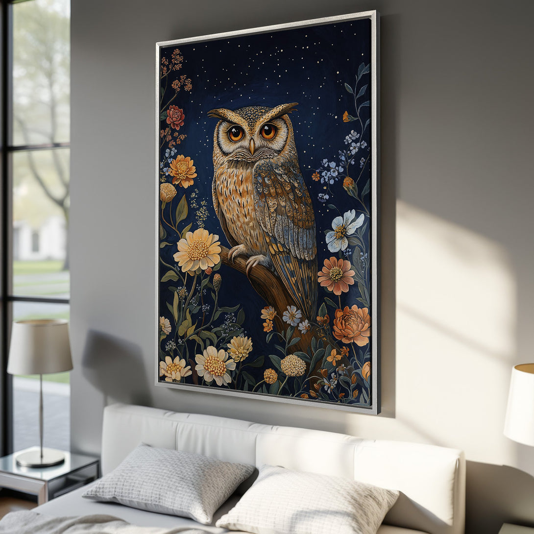 Framed Wall Art: Majestic owl canvas print with floral details. Features a dark blue background, warm orange and yellow tones. Perfect for bedroom decor.