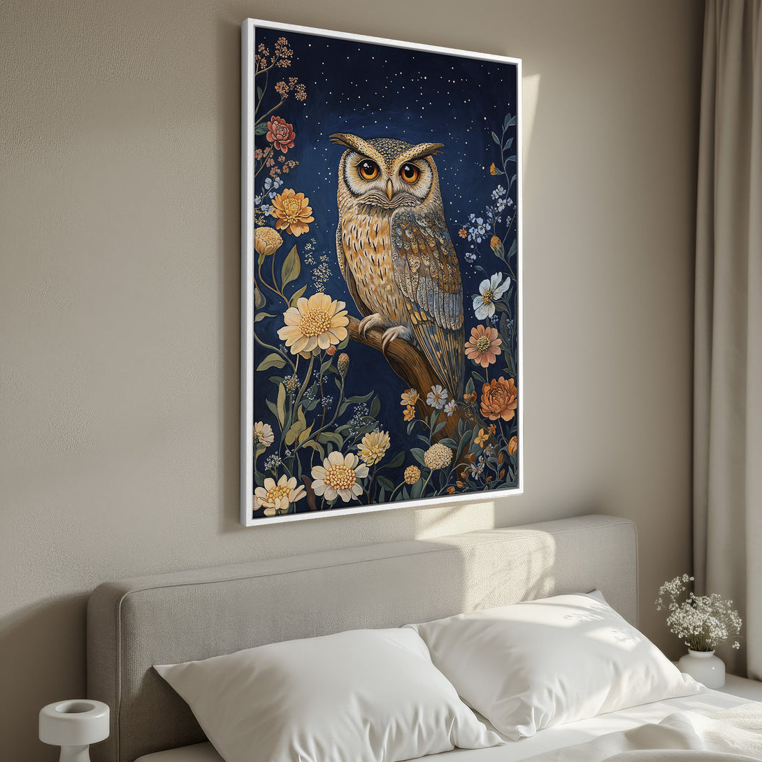 Framed Wall Art: Owl Canvas Print with floral details in a vintage style, featuring a deep blue, orange, and yellow color palette. Perfect for bedroom decor!