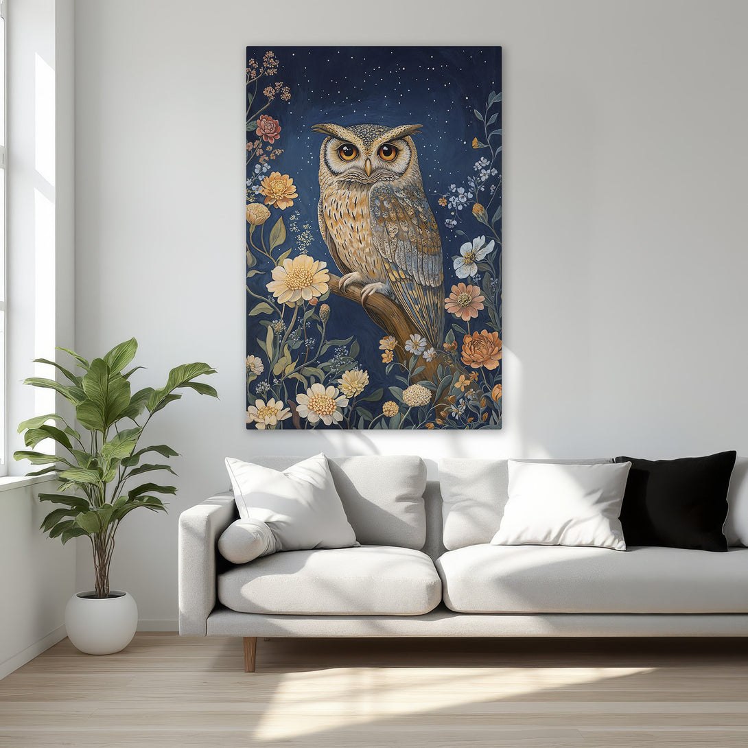 Framed Wall Art: Owl painting in a floral style with a dark blue background and warm color palette. Perfect for adding a touch of elegance.