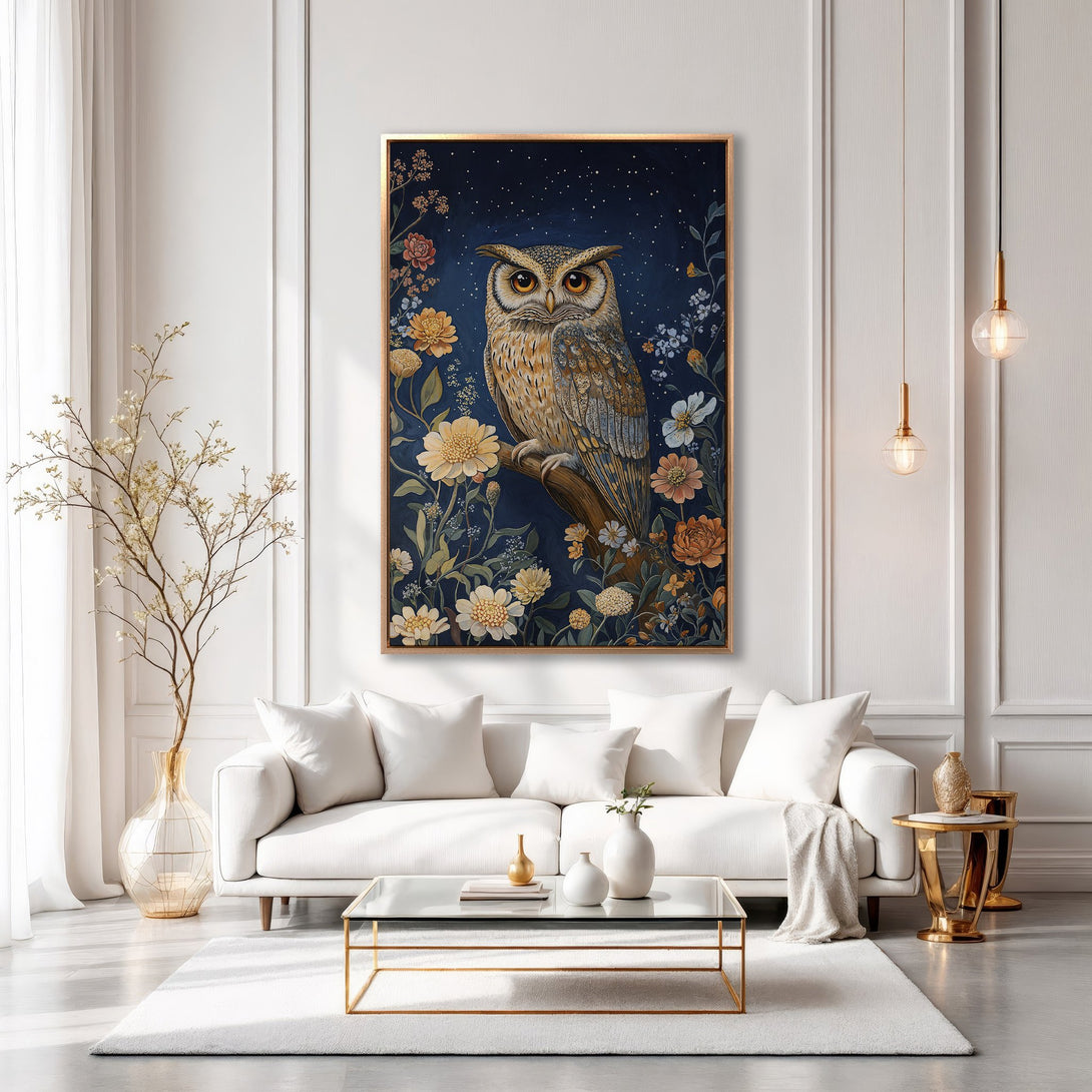 Framed Wall Art: Owl painting in a luxurious interior. Featuring a detailed owl with floral accents on a dark blue background. Warm, earthy tones.