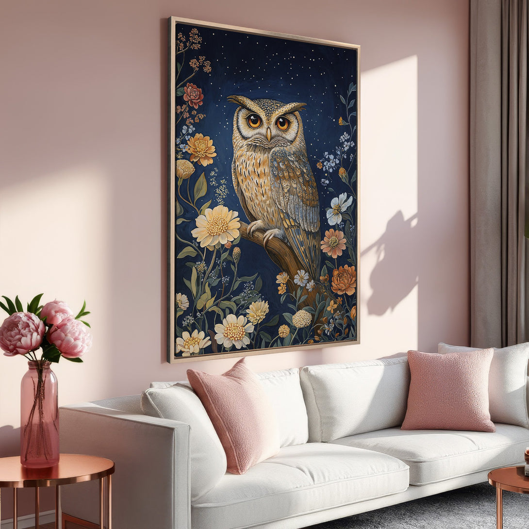 Framed Wall Art: Owl painting with floral details, rich blue background, warm gold and earth tone palette. Perfect for home decor.