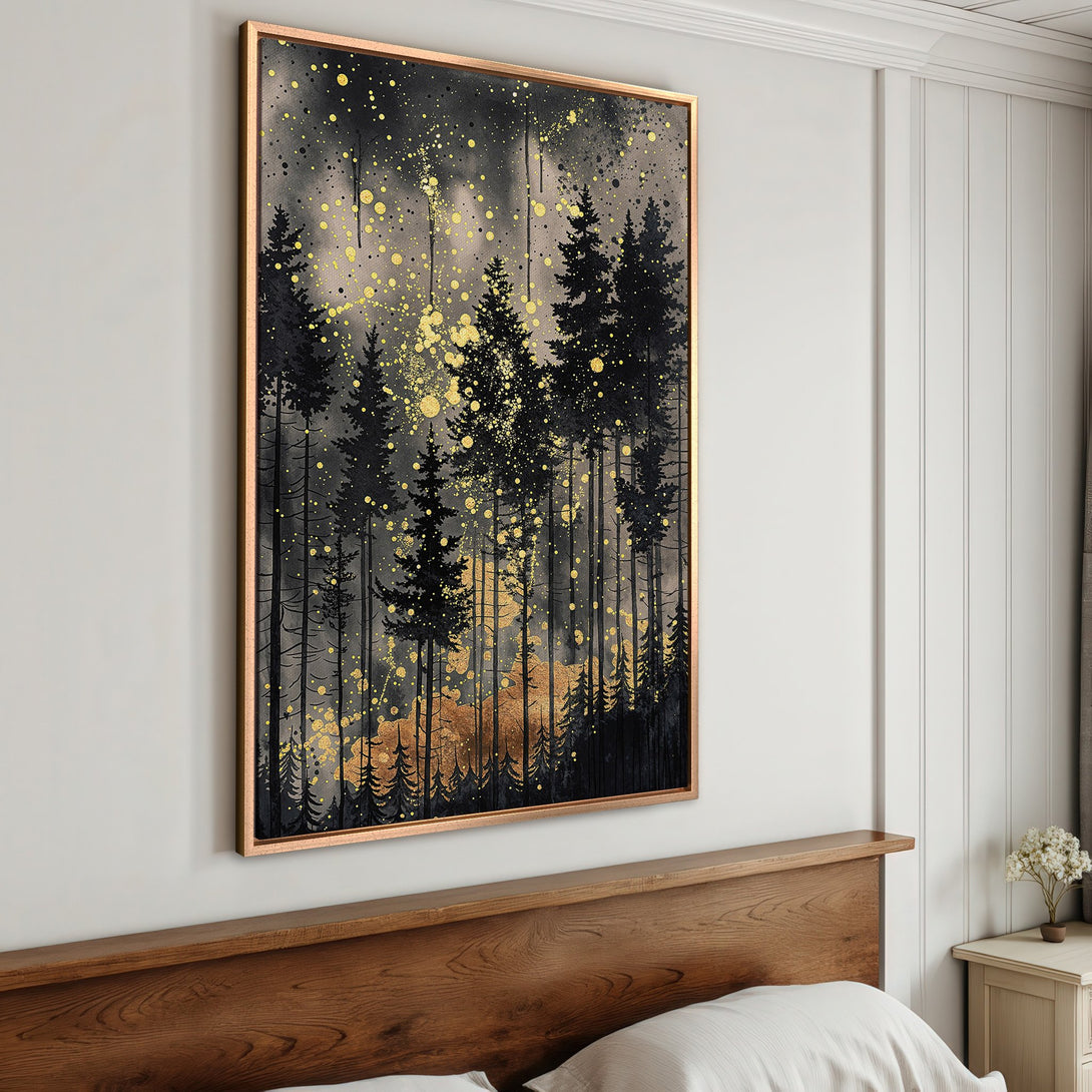 Framed Wall Art: Black forest landscape with gold accents. Modern abstract art in a bedroom. Enhance your decor with this stunning Canvas Print.
