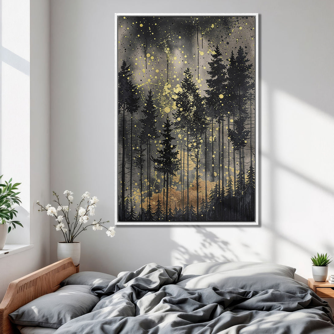 Framed Wall Art: Black forest scene with gold accents. Modern art canvas print in a bedroom, featuring a neutral color palette.