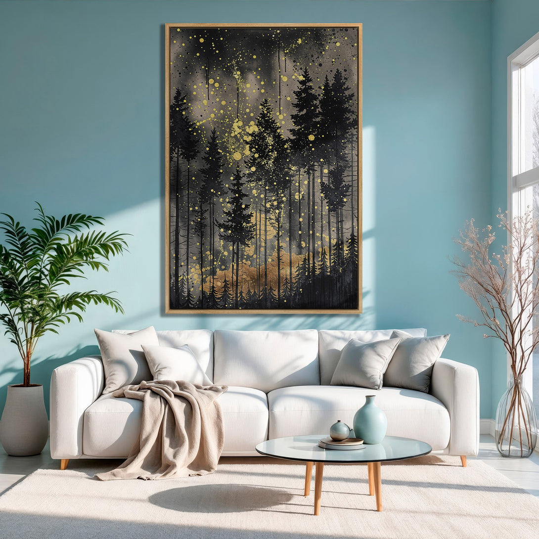 Framed Wall Art: Abstract forest scene in black & gold. Modern canvas print adds a touch of nature and elegance to any space.
