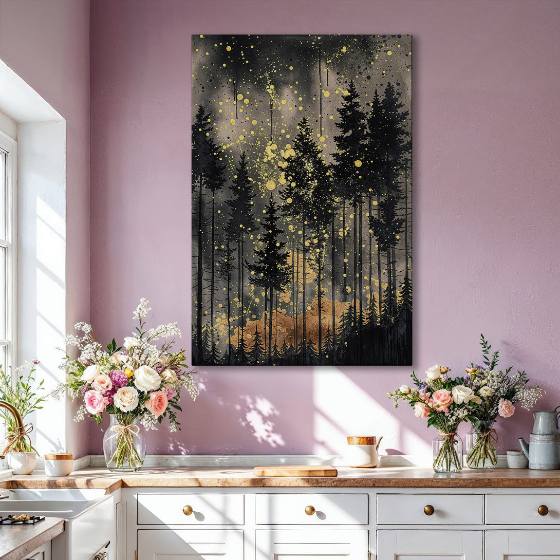 Framed Wall Art: Abstract forest scene in black, gray, and gold. Modern canvas print adds a touch of elegance to any living room decor.