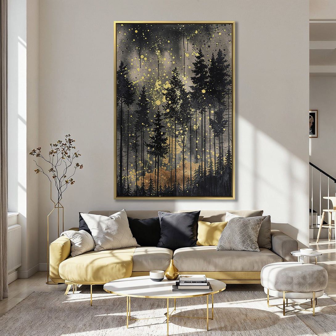 Canvas Print of a forest scene in black, gold, and gray, perfect for adding a touch of nature-inspired art to your home decor.