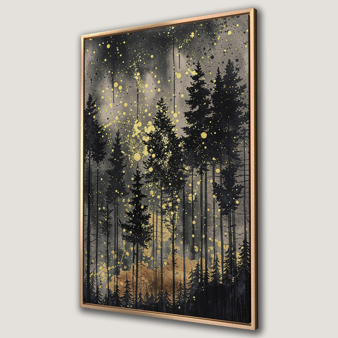 Framed Wall Art featuring a forest scene in black, gray, and gold. Abstract art style with a touch of sparkle, perfect for adding a touch of nature to your home.