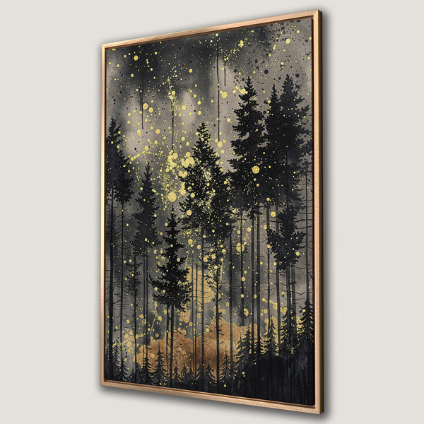 Framed Wall Art featuring a forest scene in black, gray, and gold. Abstract art style with a touch of sparkle, perfect for adding a touch of nature to your home.