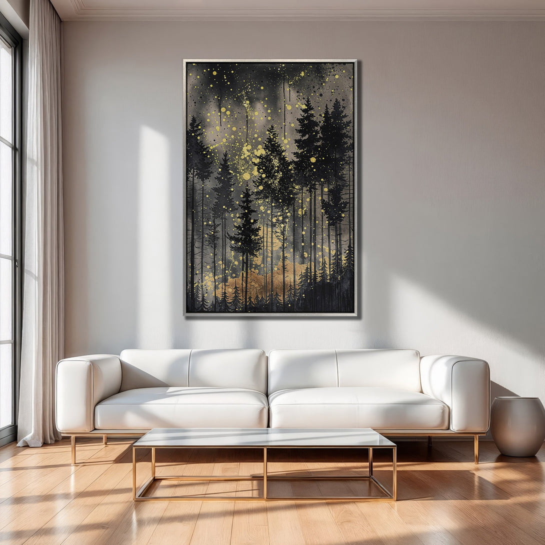 Framed Wall Art: Abstract forest scene in black, gold, and gray. Modern canvas print adds a touch of elegance to any living room.