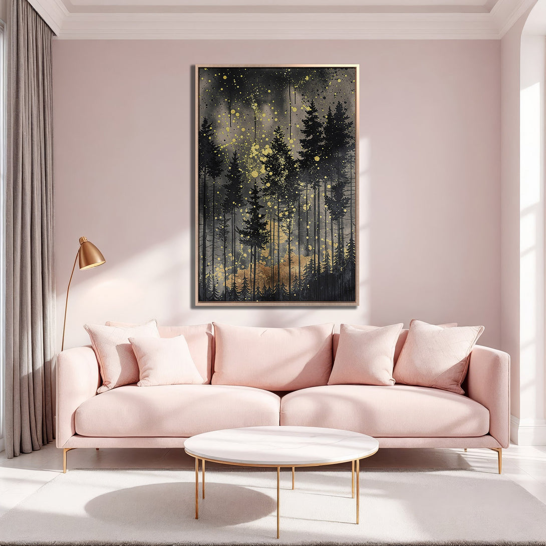 Framed Wall Art featuring a forest scene in black and gold. Modern Canvas Print adds a touch of elegance to any living room.