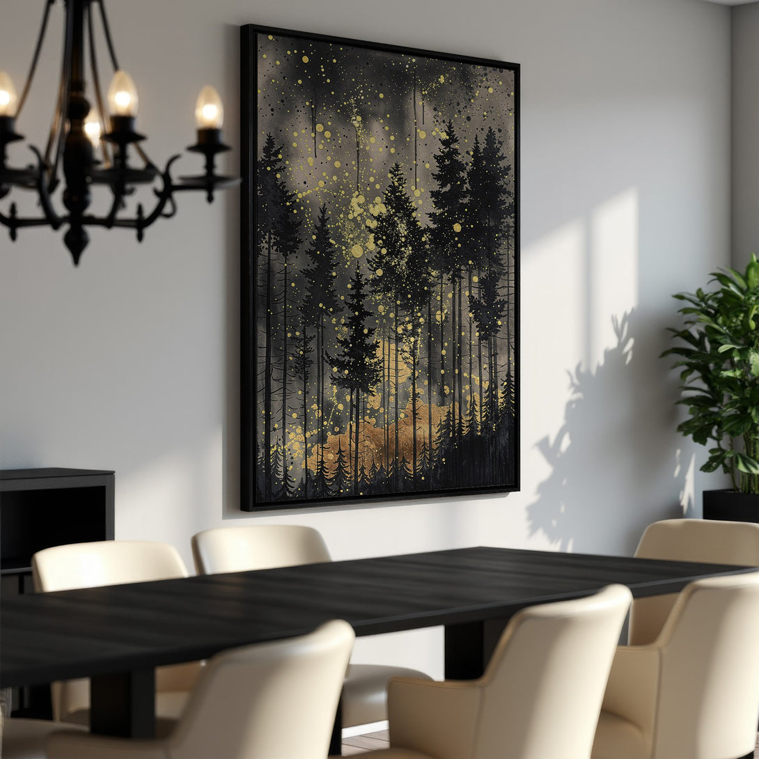 Framed Wall Art: Black and gold forest scene canvas print. Modern abstract art for your home decor. Enhance your space with this stunning piece!