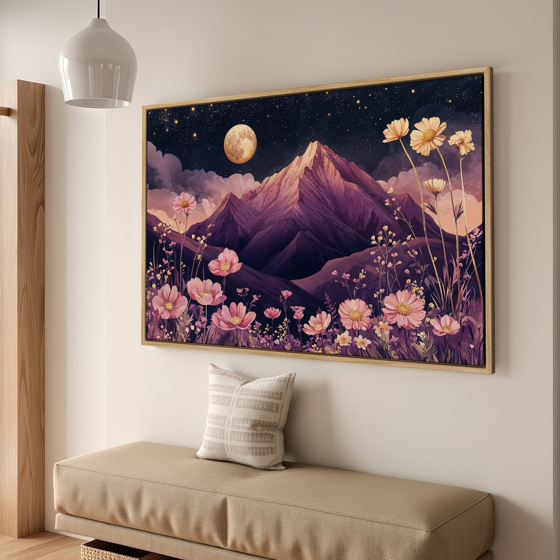 Framed Wall Art: Mountain landscape with flowers, dreamy watercolor style. Purple, pink, and gold color palette. Perfect for home decor.