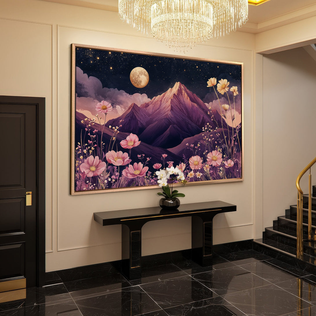 Framed Wall Art: Mountain landscape Canvas Print with pink flowers, night sky & moon. Perfect for adding a touch of elegance to your home decor.