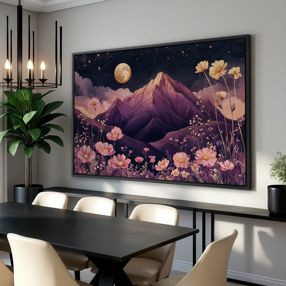 Framed Wall Art featuring a mountain landscape with flowers, starry night, and moon. Watercolor style, purple and pink color palette.