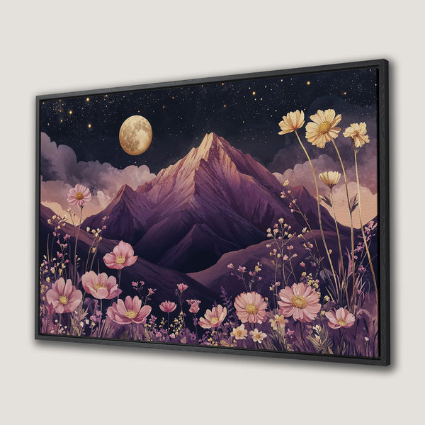 Framed Wall Art: Watercolor mountain scene with flowers, a moon, and stars. Purple and gold color palette. Perfect for nature lovers!