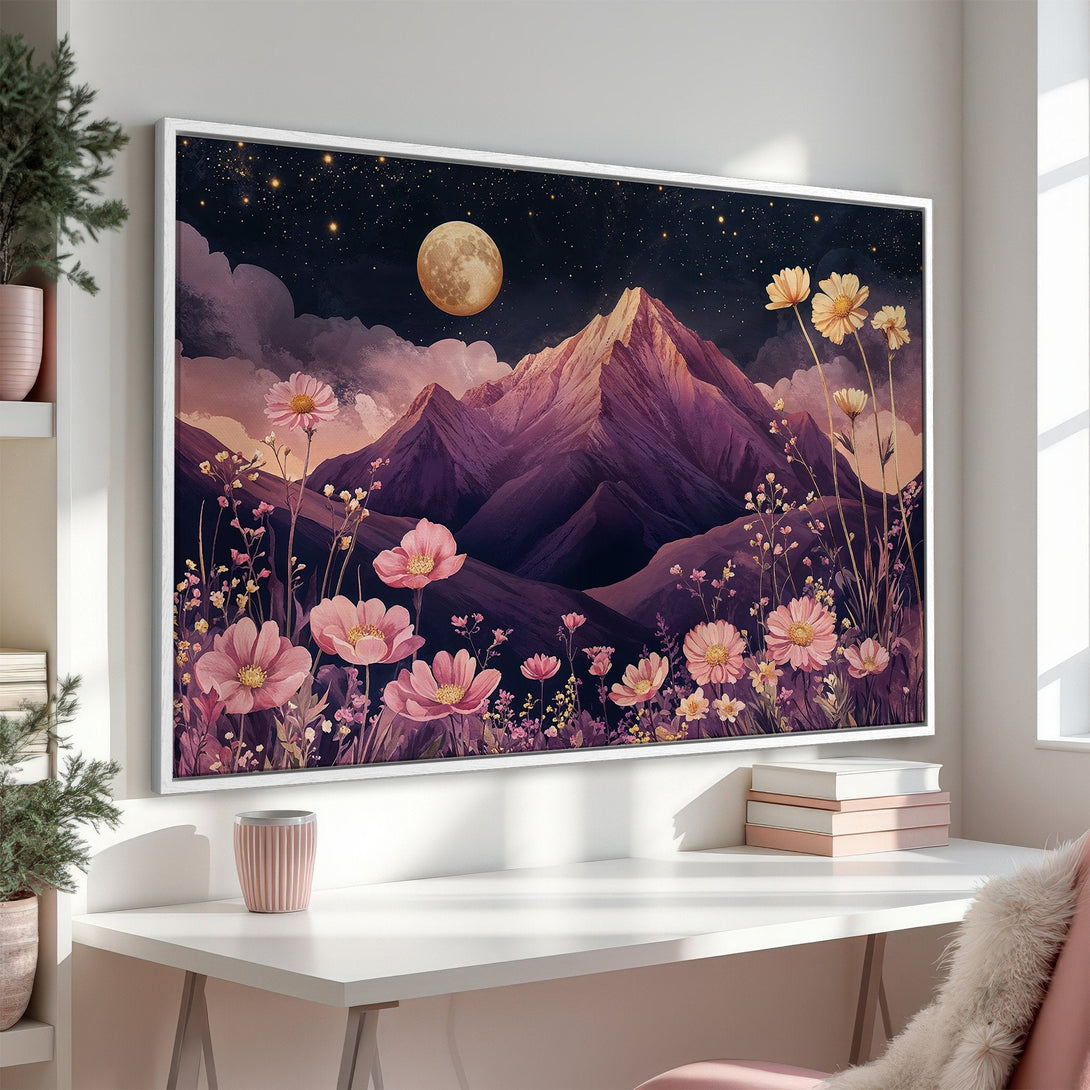Canvas Print of a dreamy mountain landscape with flowers, moon, and stars. Romantic art in purple and pink tones. Perfect wall decor.