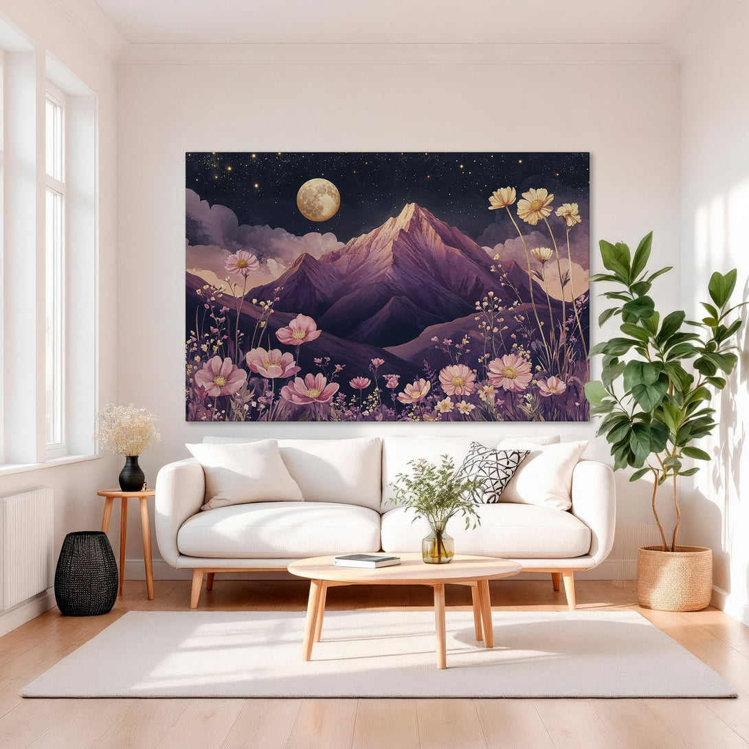 Framed Wall Art: Mountain landscape Canvas Print with pink flowers and a full moon. Romantic art in a purple and gold color palette.