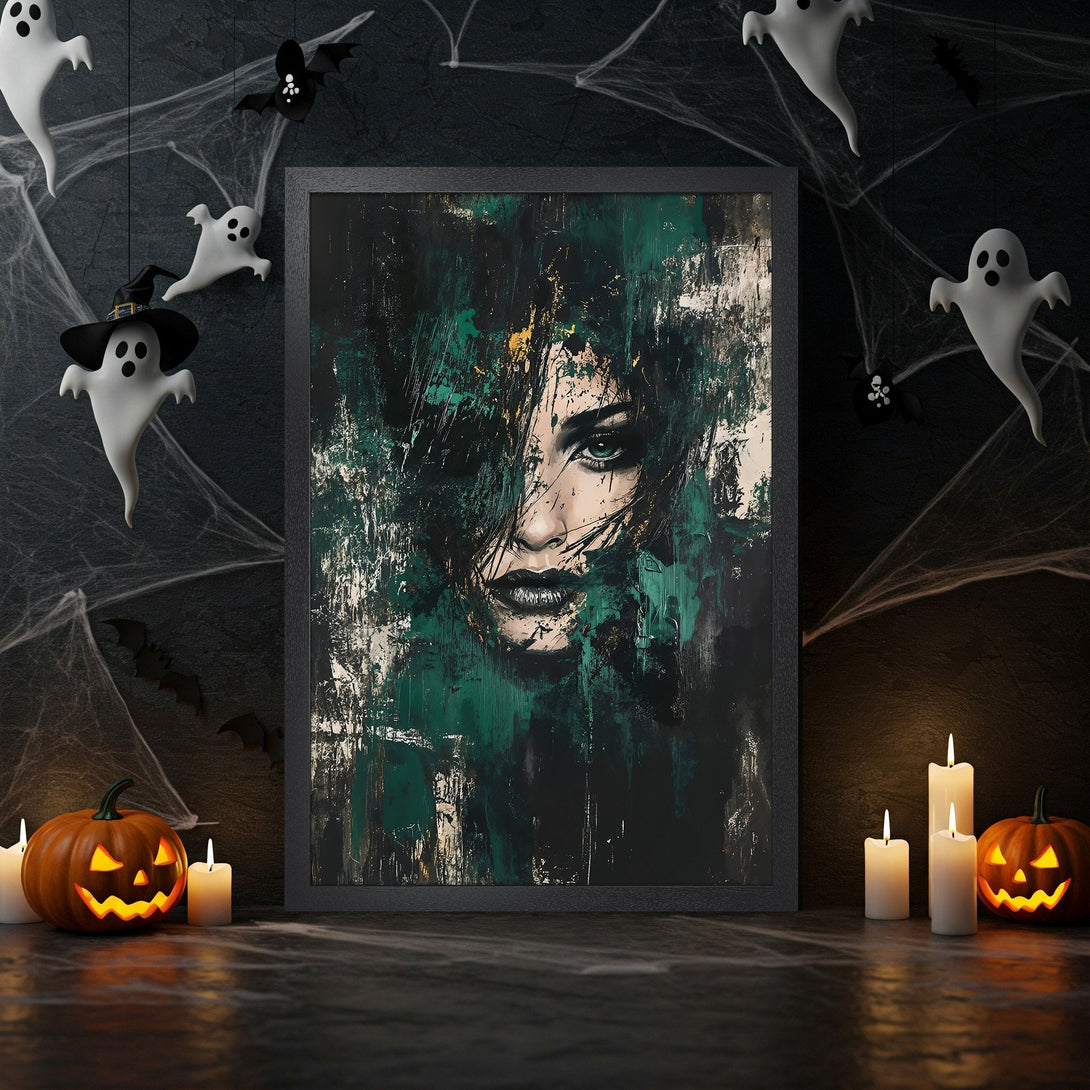 Framed Poster featuring a majestic deer amidst autumn leaves. Warm, earthy tones with dark green and orange hues. Perfect Halloween decor.