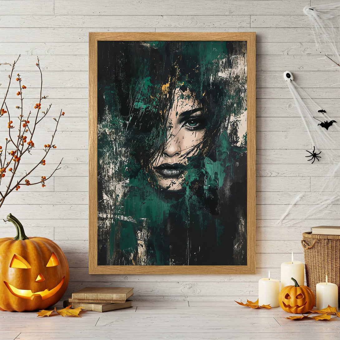 Framed Poster featuring a majestic deer in a forest, with autumn leaves. Warm color palette, perfect for fall decor.