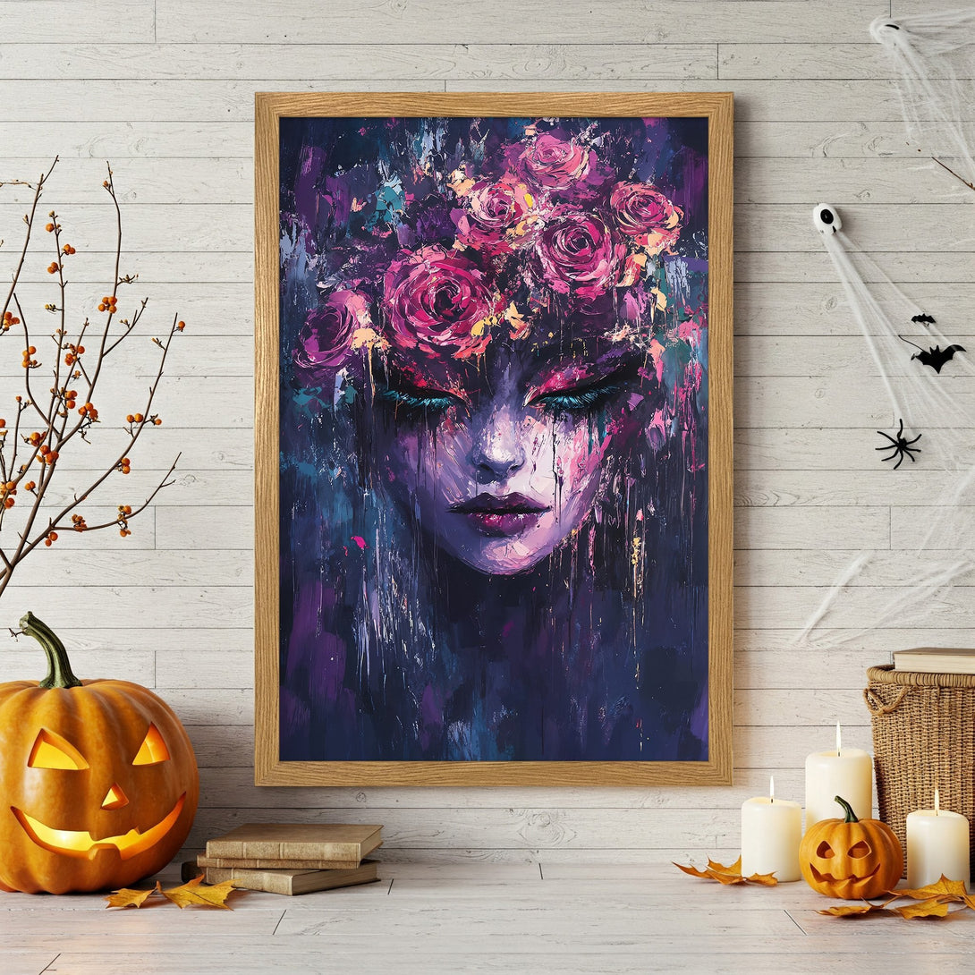 Framed Poster of a knight in golden armor. Dramatic art style with warm, autumnal color palette. Perfect Halloween decor!