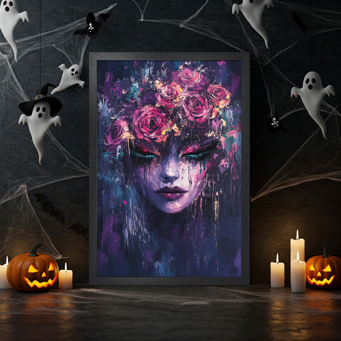 Framed Poster featuring a knight in golden armor, dramatic art style, warm color palette, perfect for Halloween decor.