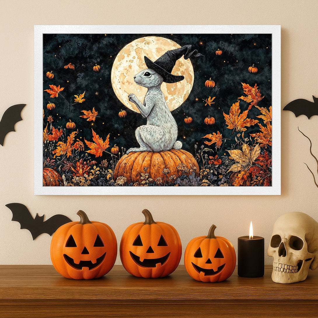 Framed Poster of a Halloween bunny wearing a witch hat, with pumpkins & fall leaves. Dark, warm color palette. Spooky decor.