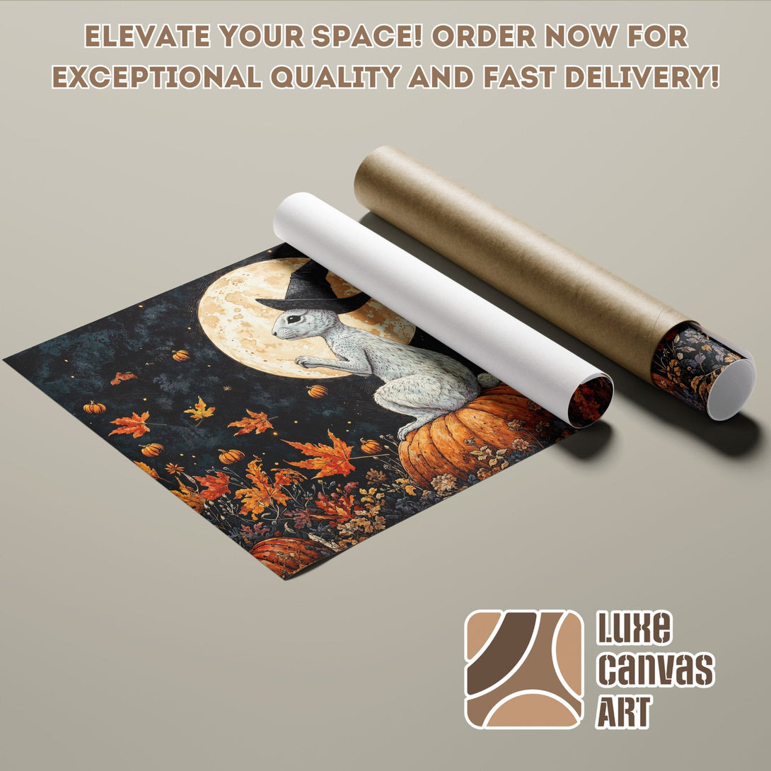 Poster Roll featuring a whimsical bunny in a Halloween scene, rich colors, and artistic style. Order now!
