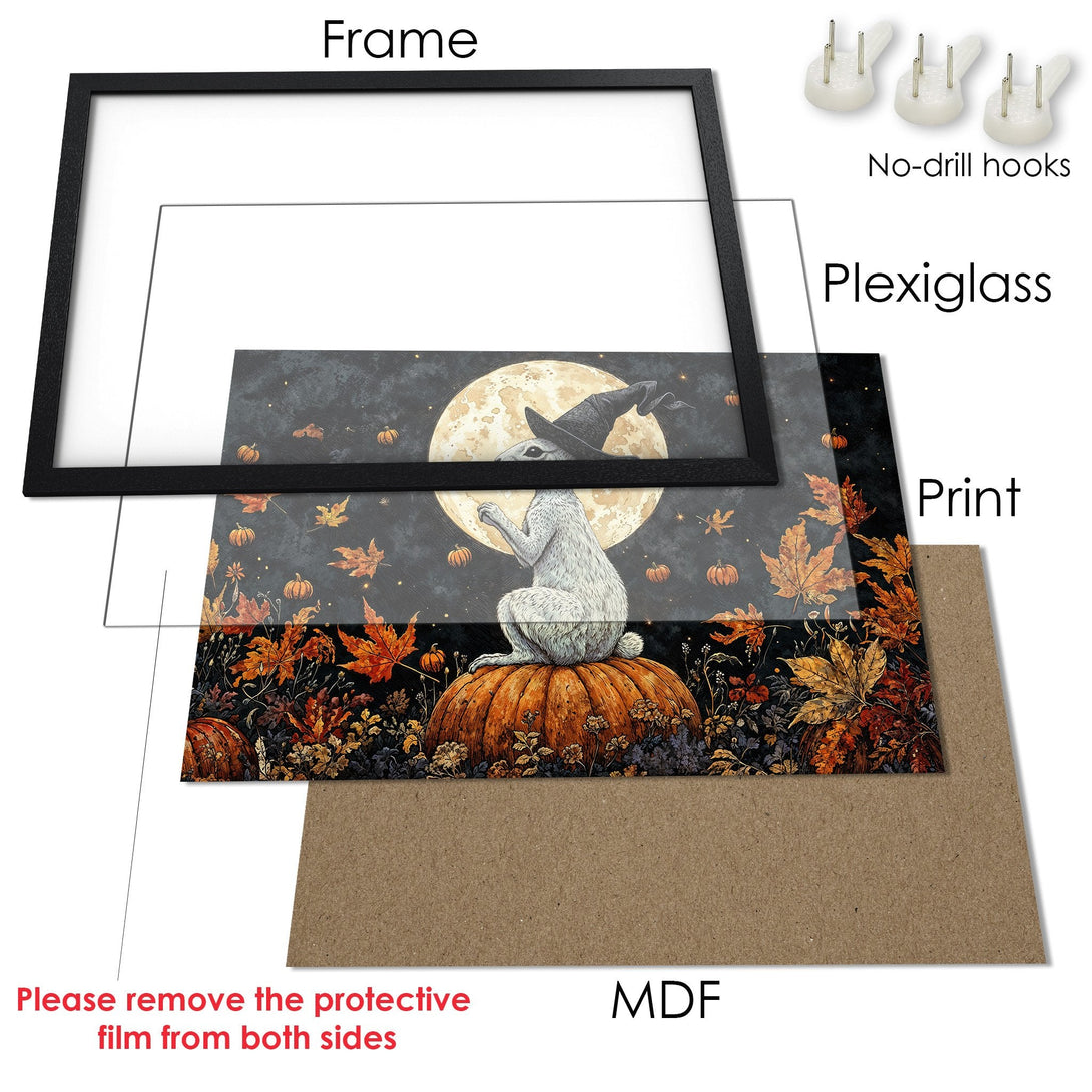 Framed Poster featuring a whimsical rabbit in a witch hat on a pumpkin, with autumn leaves. Warm, earthy tones. Perfect Halloween decor.
