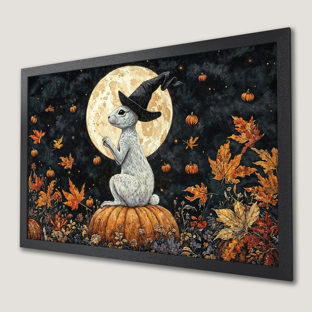 Framed Poster featuring a witch bunny on a pumpkin with a full moon, autumn leaves, and pumpkins. Warm color palette.