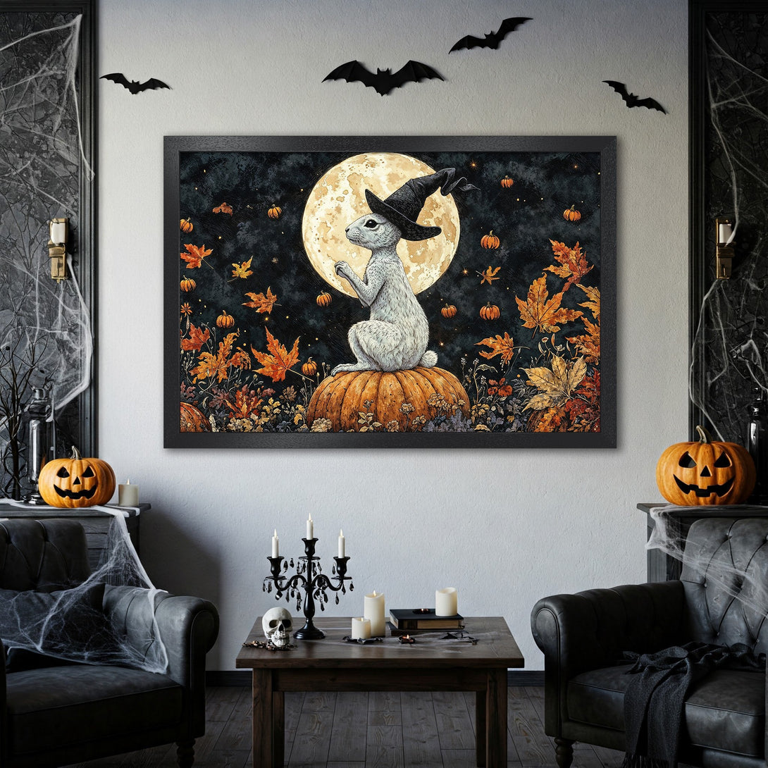 Framed Poster featuring a whimsical Halloween rabbit in a witch hat. Dark, autumnal color palette with orange, black, and gold. Perfect spooky decor!