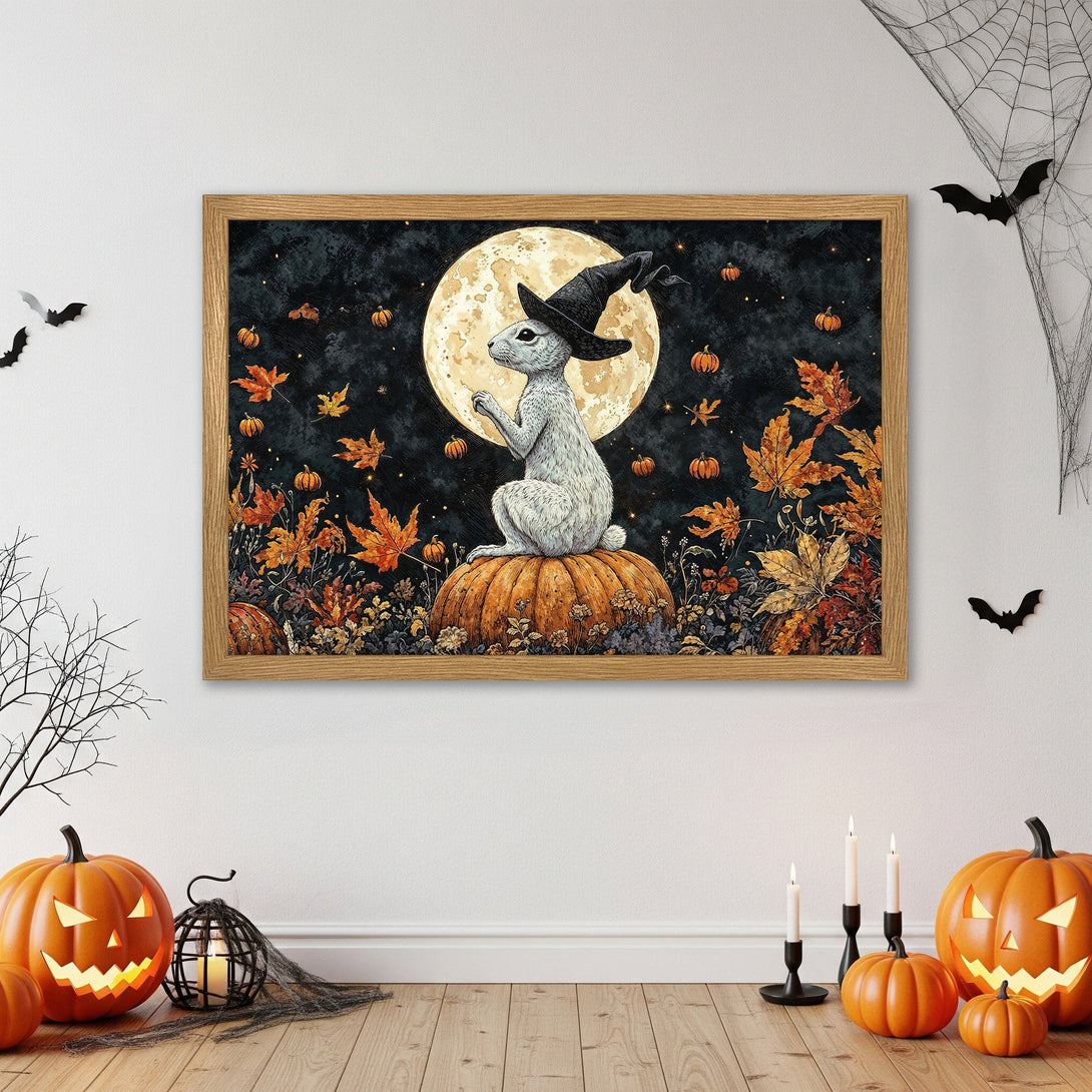 Framed Poster: Halloween bunny witch art print. Whimsical illustration with fall colors and a dark, magical aesthetic. Perfect holiday decor.