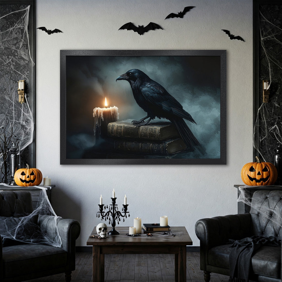 Framed Poster featuring a raven, candle, and books in a dark, gothic style with a black and gray color palette. Perfect Halloween decor!