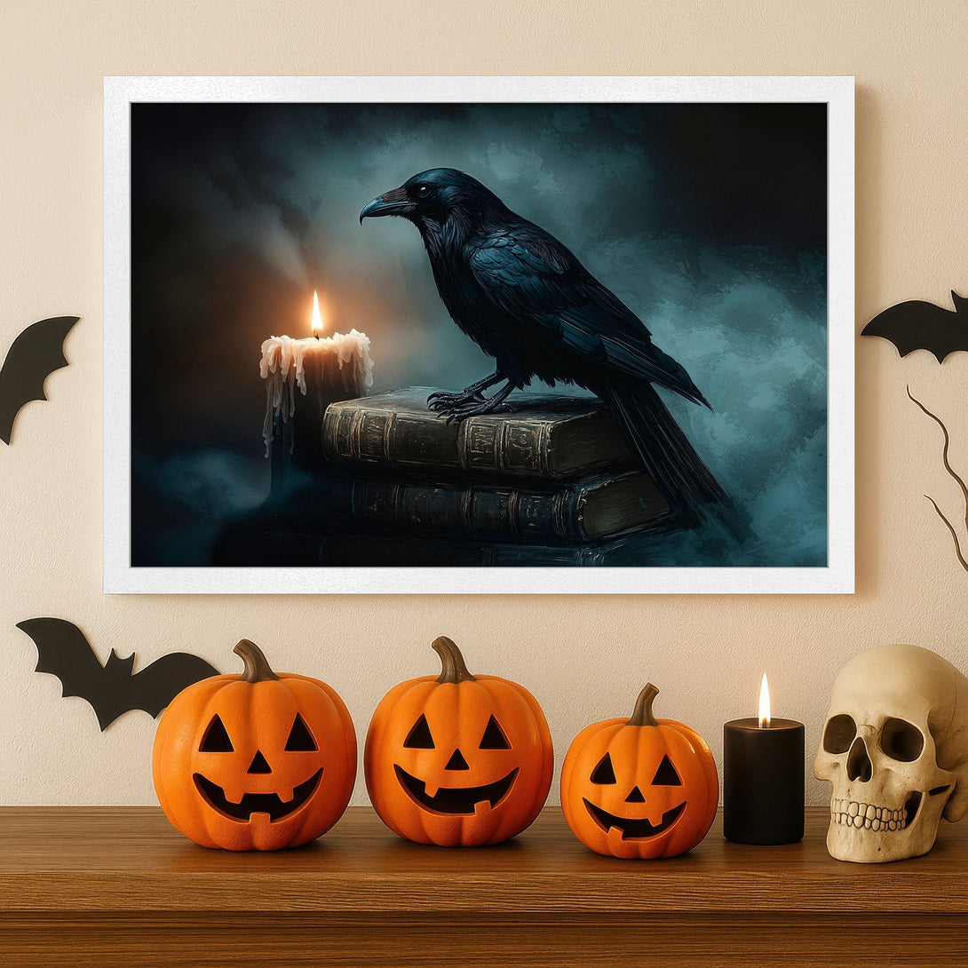 Framed Poster featuring a raven on books, dark & moody style with teal and black color palette. Perfect Halloween decor!