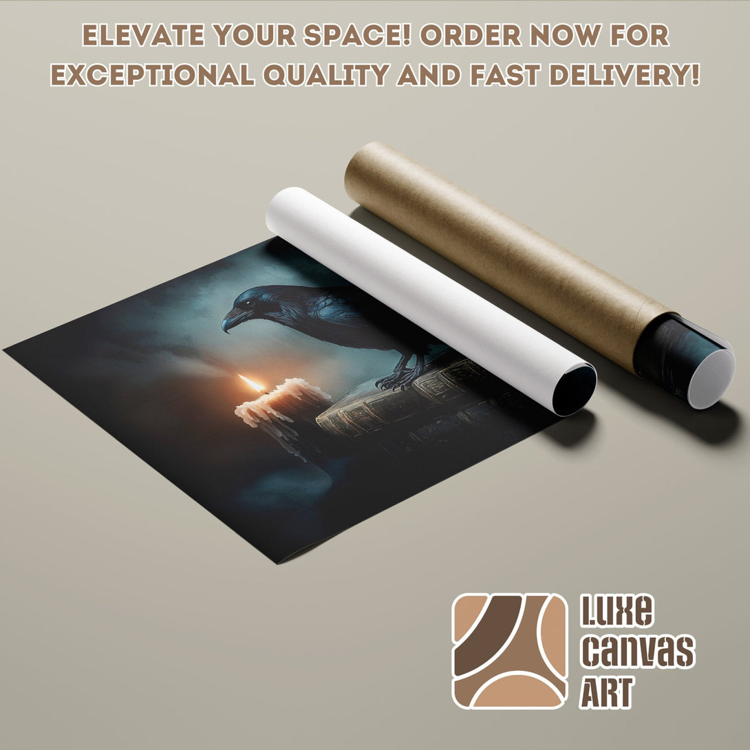 Raven Poster Roll, dark art style with moody blue and warm candle light. Order now!