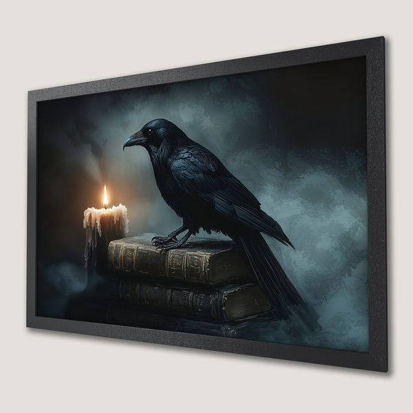 Framed Poster: Raven on books, gothic art style, dark teal and black color palette. Perfect wall art.