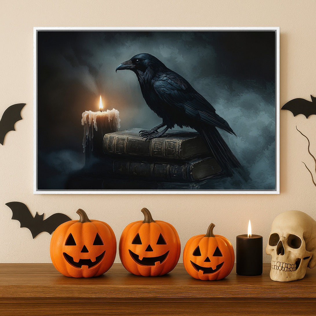 Framed Wall Art: Gothic raven perched on books with candle, moody dark blue & black color palette. Perfect Halloween decor.