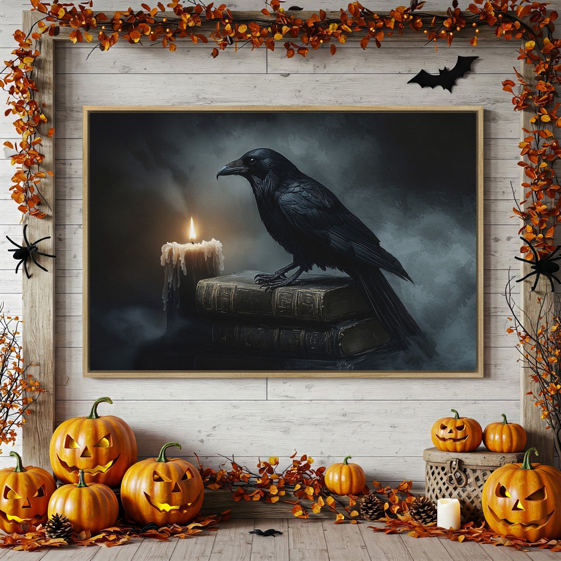 Framed Wall Art: Dramatic raven on books in a dark, moody style. Perfect Halloween decor, featuring a black, gray, and gold color palette.