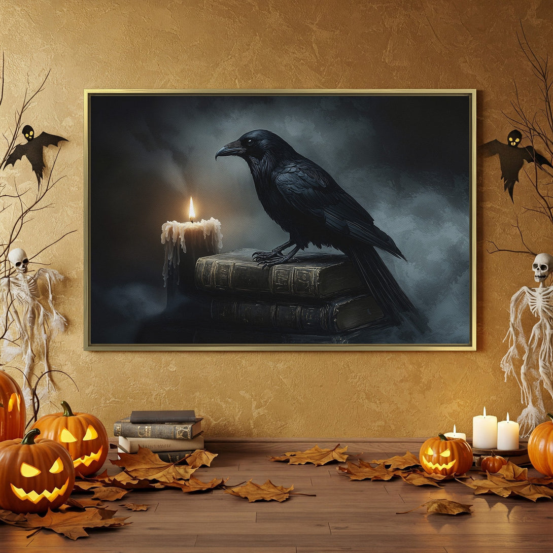 Canvas Print of a majestic raven perched on books, dark and moody art in a Halloween-themed interior, featuring orange and black accents.