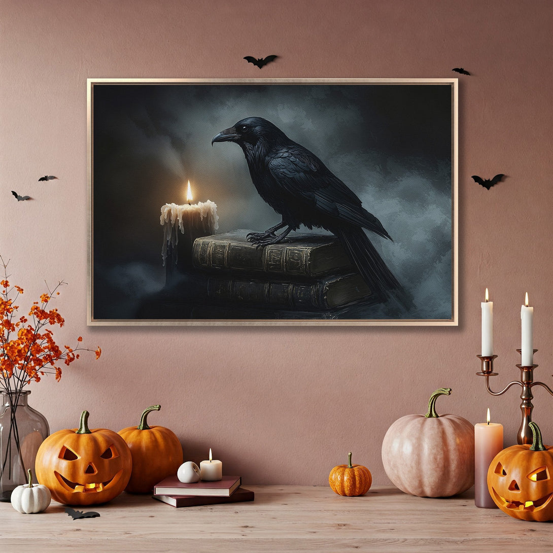 Framed Wall Art: Dark raven on books, moody art print with a Halloween theme, featuring a black, gray, and gold color palette.
