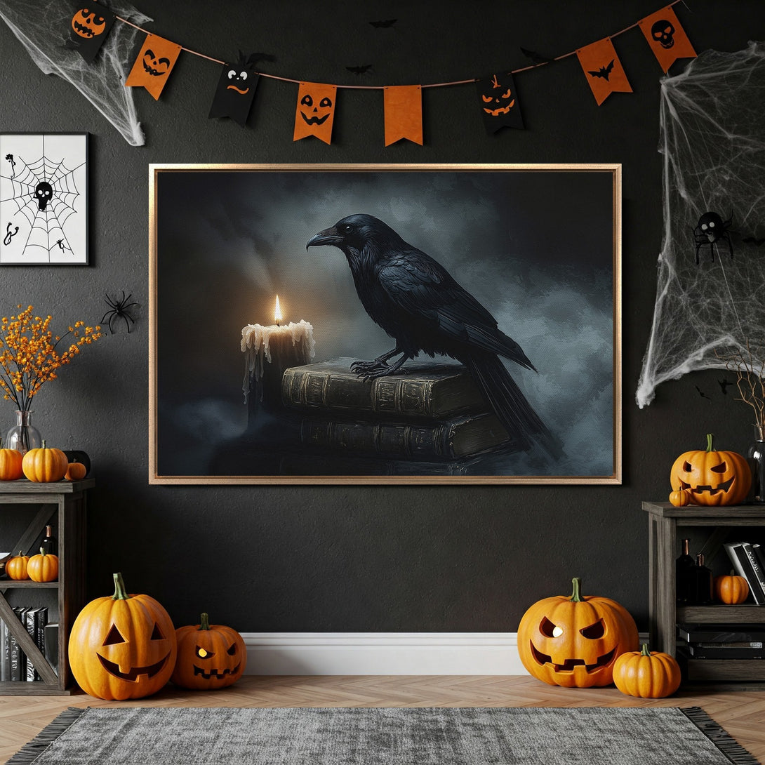 Framed Wall Art: Dark raven perched on books with a candle, moody art in a Halloween-themed interior. Black, gold, and orange color palette. Spooky home decor.