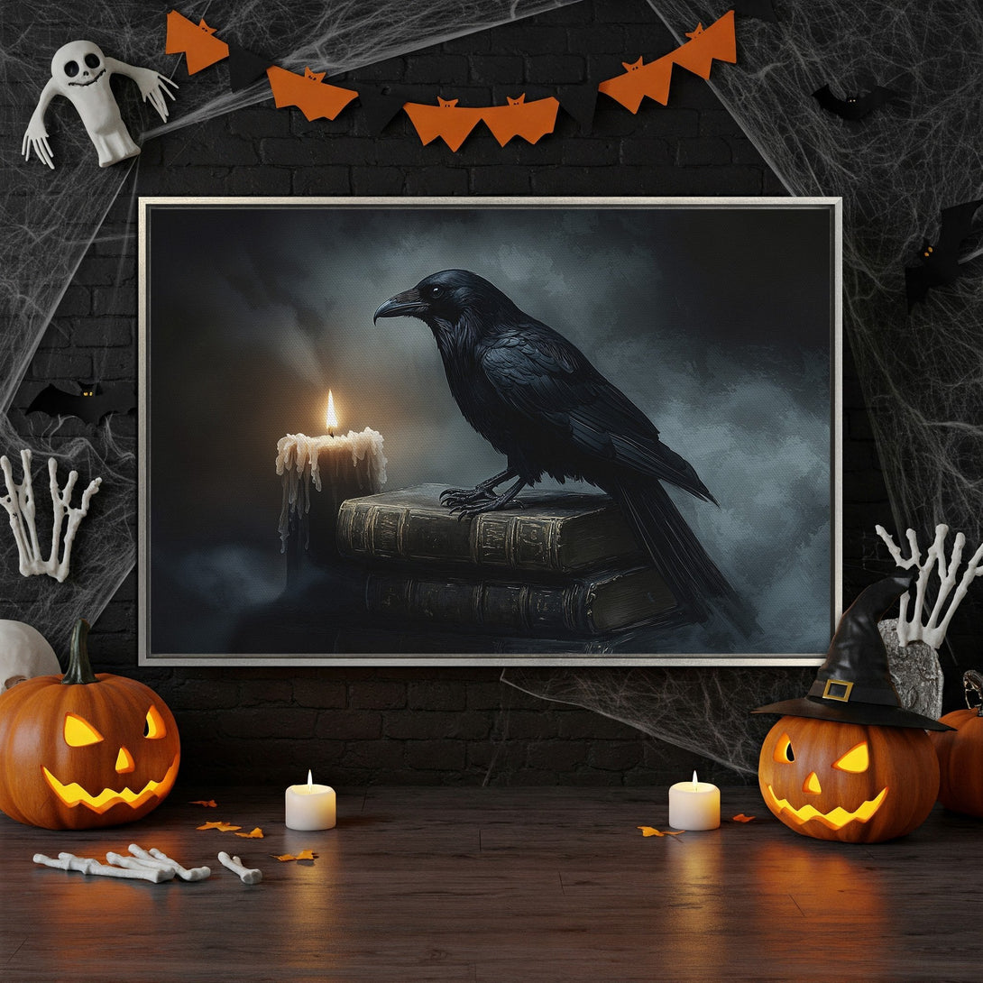 Framed Wall Art: Spooky raven art print in dark, moody tones. Perfect Halloween decor! Black, gray, and orange color palette. Get yours today!