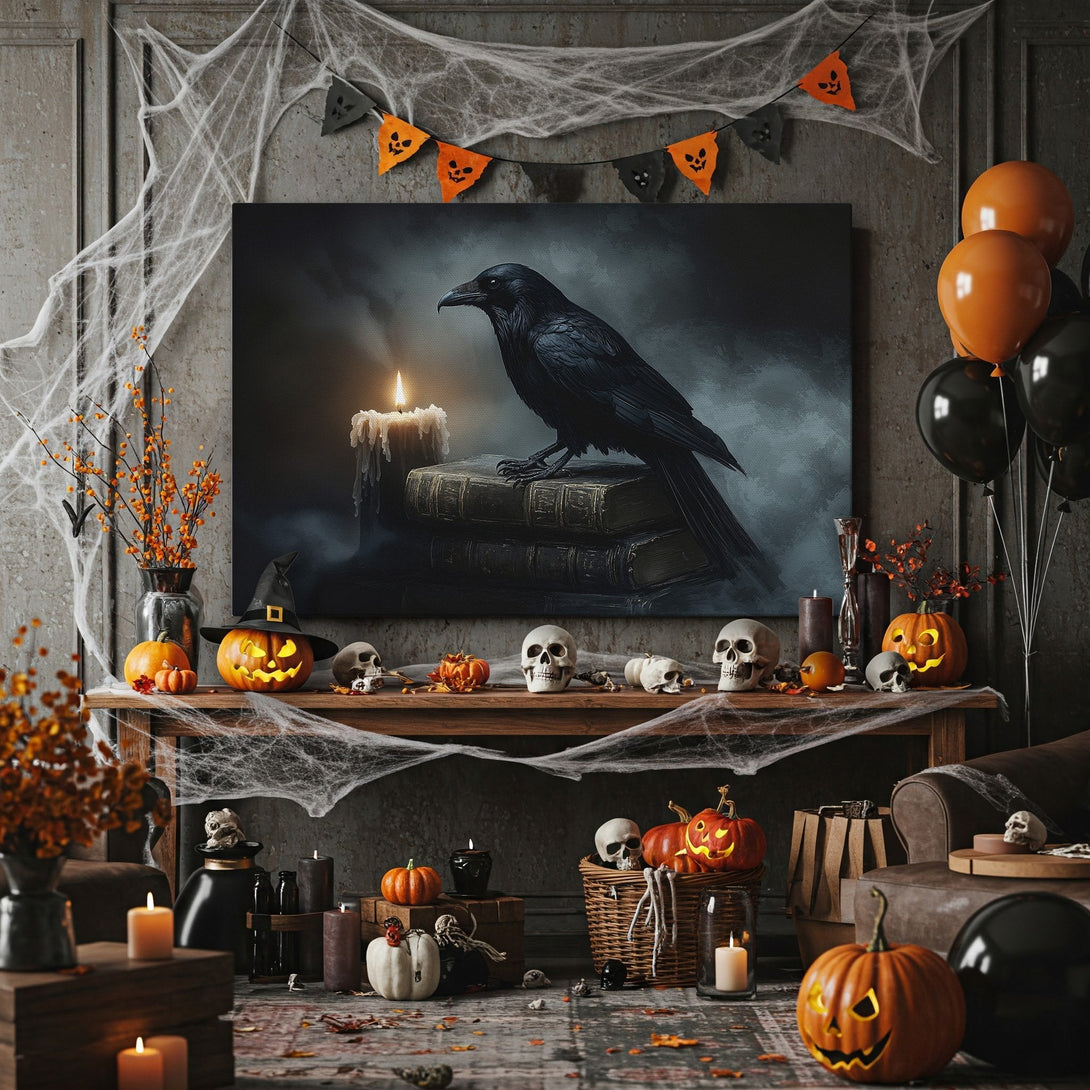 Framed Wall Art: Gothic raven on books with candle, moody dark tones. Perfect Halloween decor for a spooky, stylish space.