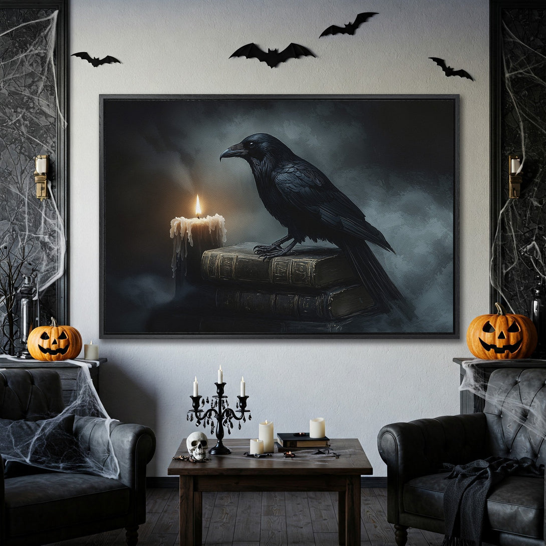 Framed Wall Art: Spooky raven art in a dark, moody palette. Perfect Halloween decor! Enhance your space with this gothic canvas print.